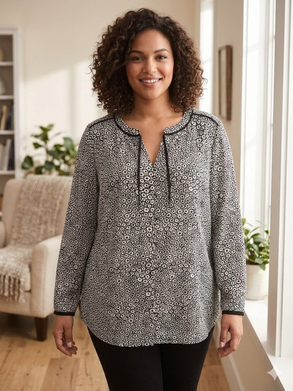 Talbots Siz 2X Petite Black White Blouse AOP Daisy Flower Academia Preppy Whimsy
